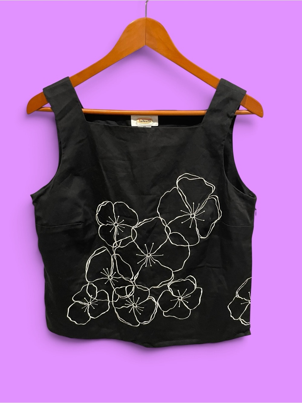 Cute 90s square neck sleeveless embroidered floral contrast top cotton casual